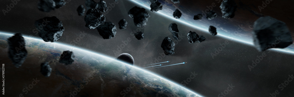 Wall mural panoramic space planets background. panorama of distant solar system with exoplanets 3d rendering el
