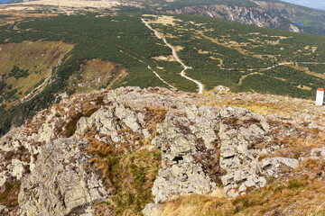 View of the valley from the highest mountain in the Giant Mountains. Czech Republic (Sněžka) and...