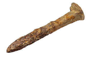 Obraz premium Rusty metal crutch in soft focus on white background