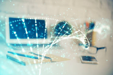 Desktop computer background and DNA drawing. Double exposure. Science concept.