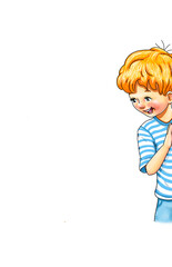 Junge rothaarig niedlich schaut um Ecke Rand angelehnt lächeln lächelt Lachen Freude freudig staunen staunt überrascht Überraschung Randfigur ins Bild kommen schauen heimlich süß Kind Schüler Kinder