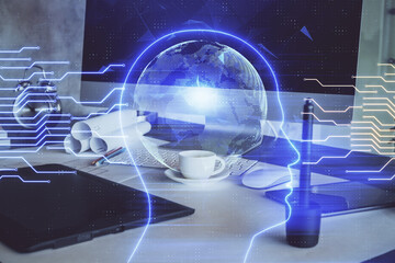 Multi exposure of work space with computer and human brain hologram. Brainstorm concept.