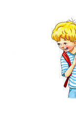 Junge blond niedlich schaut um Ecke Rand angelehnt lächeln lächelt Lachen Freude freudig staunen staunt überrascht Überraschung Randfigur trägt Rucksack schauen heimlich süß Kind Schüler Kinder