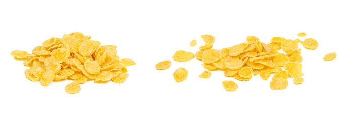 Golden yellow crunchy corn flakes cereal heap set isolated on white background.