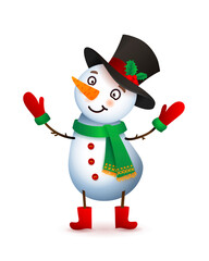Vector Cute Snowman. Christmas illustration with funny snowman. Headdress top hat