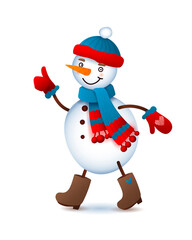 Vector Cute Snowman. Christmas illustration with funny snowman. Boots and a bright hat and scarf.