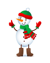 Vector Cute Snowman. Christmas illustration with funny snowman. Boots and a bright hat and scarf