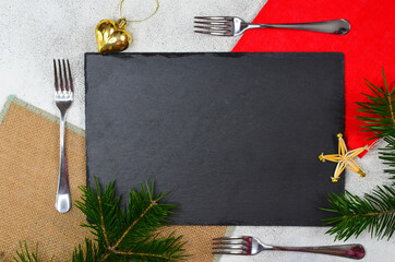 Christmas background cutlery with empty space, christmas frame copy space, text card, stone cutting...