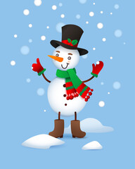 Vector Cute Snowman. Christmas illustration with funny snowman. Headdress top hat