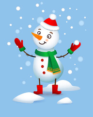 Vector Cute Snowman. Christmas illustration with funny snowman. Santa Claus hat.