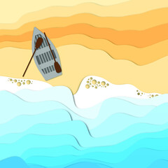 Vector illustration of a sandy sea shore with a boat paper technique