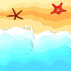 Fototapeta na wymiar Vector illustration of a sandy seashore with starfishes in paper technique