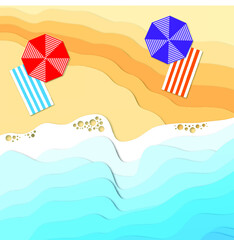 Vector illustration of sandy sea shore with umbrella and towel