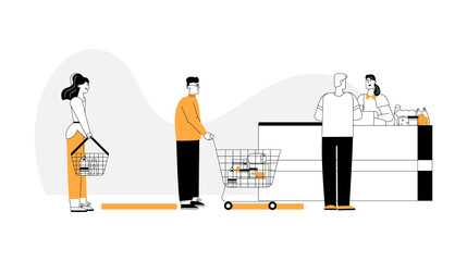 Men and women stands in line at cashier desk, paying purchases