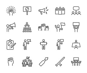 Vector set of protest line icons. Contains icons resistance, protester, petition, riot, police, strike, mob, negotiating table and more. Pixel perfect.