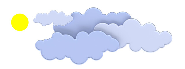 Graphic volumetric image of clouds and a glowing sun on a white background. picture for the design of children's themes.