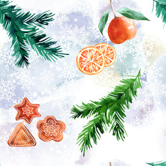 Christmas background with snowflakes, spruce branches, cones and tangerine. Hand drawn style watercolour. Winter seamless pattern for Christmas textile, paper and wrapping.