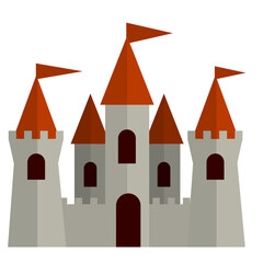 Fairytale castle. Fortress of the knight and king. medieval old town. Stone walls and towers. Flat cartoon illustration isolated on white. Fort for protection