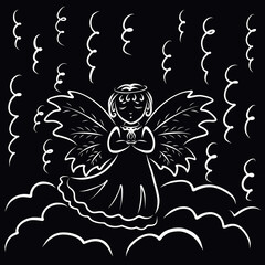 cute praying little angel on a cloud, black background