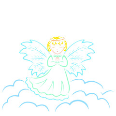 little winged angel praying to god standing on a cloud