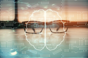 Brain drawings with glasses on the table background. Double exposure.