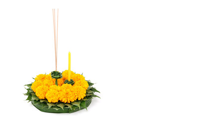 Loykratong tradition, kratong  on a white background  in studio With copy space.