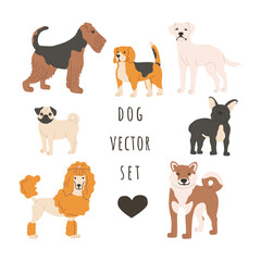 .Set of dogs of different breeds. Small and large pets in a standing position. Vector hand drawing.