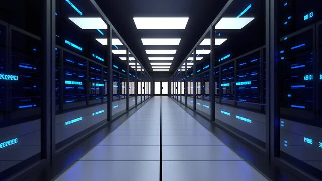 Server Room of data center with Network and data servers behind glass panels with twinkling lights. Full HD High Quality footage. 
