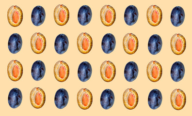 Pattern with blue plums on a beige background.