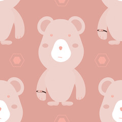 Seamless baby pattern with cute teddy bear with a fitness bracelet on the wrist. Pink background. Flat baby texture for fabric, packaging, textile, wallpaper, clothing. Vector illustration


