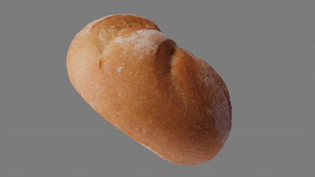 Fresh bread bun spin and float - isolated on neutral gray. Seamless loop for unlimited duration. Alpha channel included for compositing projects.