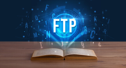 FTP inscription coming out from an open book, digital technology concept