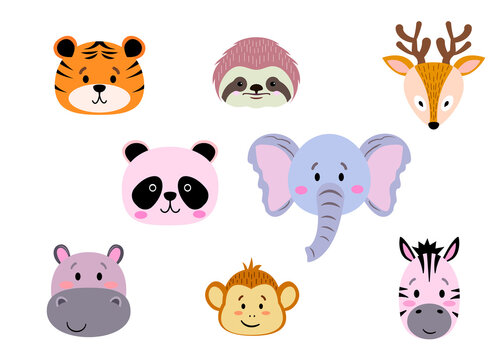 Set of cute  simple animals heads -  monkey, zebra, sloth, elephant, tiger, deer, hippo, panda. Сartoon Portrait Set with Flat Design. Vector illustration