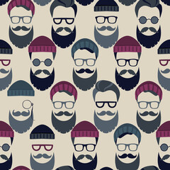 Bearded Hipster seamless pattern with glasses and hat on. Lumber sexual or Urban Lumberjack background.