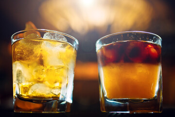 Alcoholic cocktails on the bar table.
