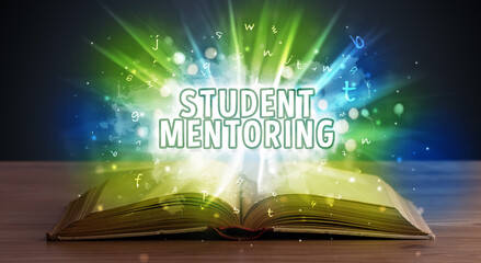 STUDENT MENTORING inscription coming out from an open book, educational concept