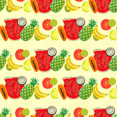 Hand drawn seamless pattern. Summer background with exotic fruits.