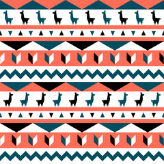 Seamless pattern with llama. Ethnic geometric striped background. Traditional colorful ornament.