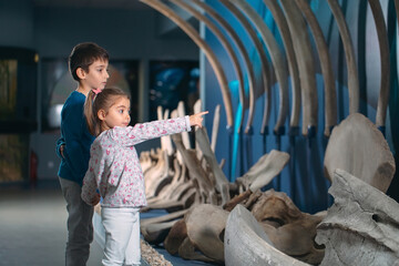 Children look at the skeleton of an ancient whale in the Museum of paleontology.