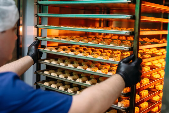 Pastry man takes out of the oven ready-made Shortbread Cookies.