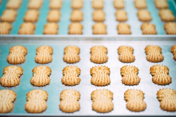 Shortbread.  Production of shortbread cookies at a confectionery factory.  Shortbread cookies on a metal rack after baking in the oven.