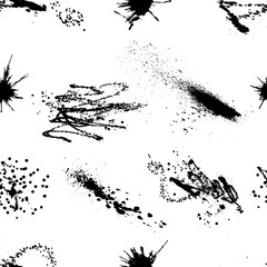 Vector black and white seamless pattern with ink splash, blot and brush stroke spot spray smudge, spatter, splatter, drip, drop, ink smudge smears Grunge textured elements design background.