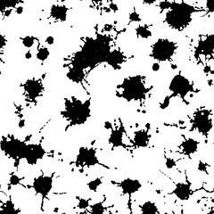 Vector black and white seamless pattern with ink splash, blot and brush stroke spot spray smudge, spatter, splatter, drip, drop, ink smudge smears Grunge textured elements design background.