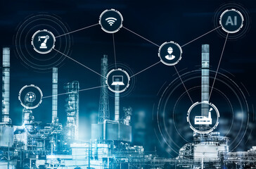 Industry 4.0 technology concept - Smart factory for fourth industrial revolution with icon graphic...