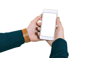 Isolate, smartphone mockup, holding a business man in his hands. On a white background.