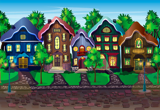 Urban spring or summer landscape with residential buildings, lawns, trees and a road, with space for text. Colorful vector illustration of a rustic background for a poster, banner, postcard, brochure 