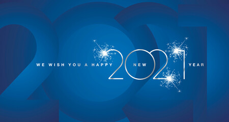 We wish You Happy New Year 2021 silver modern design shining light typography sparkle fireworks numbers blue greeting card