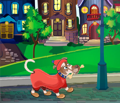 A cartoon dog dressed in overalls walks on the background of urban houses and a lawn. Vector illustration on the topic of pets.