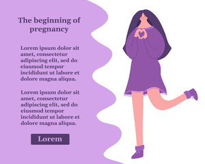 The beginning of pregnancy. Happy woman found out about pregnancy. Vector illustration with place for your text.