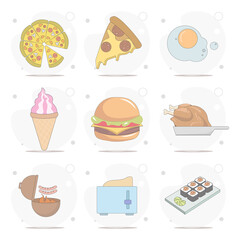 Food vector flat illustration on white background. pizza, hamburger, fried egg, toast, ice-cream, sushi